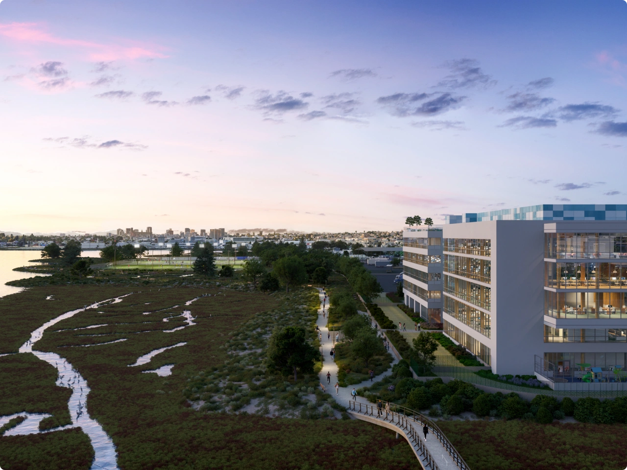 Sustainable office development integrated with shoreline habitat and public path
