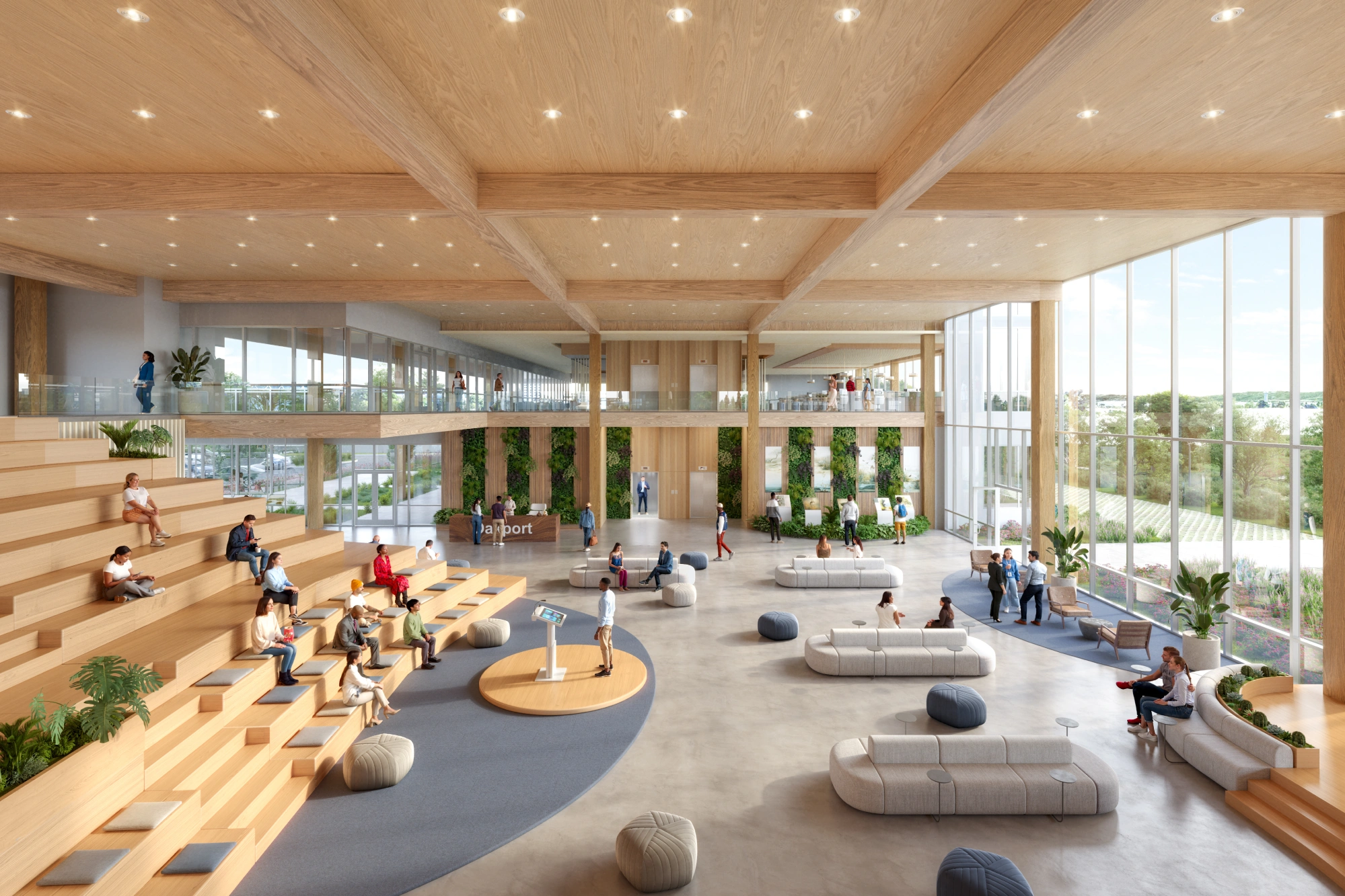 Modern corporate lobby featuring wood beams living walls and lounge seating