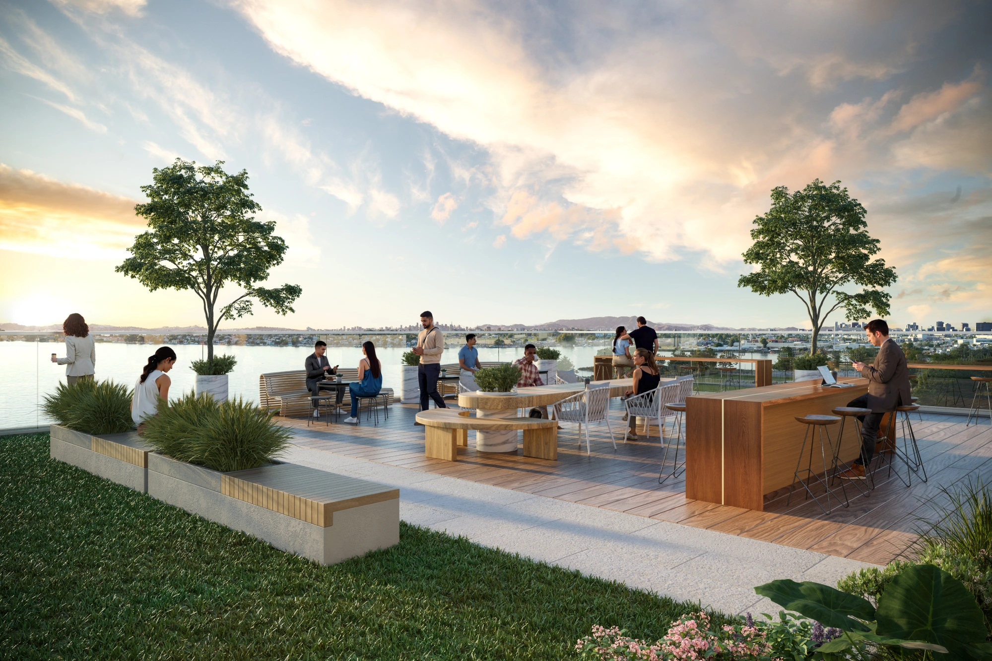 Rooftop office terrace with waterfront views and modern outdoor seating