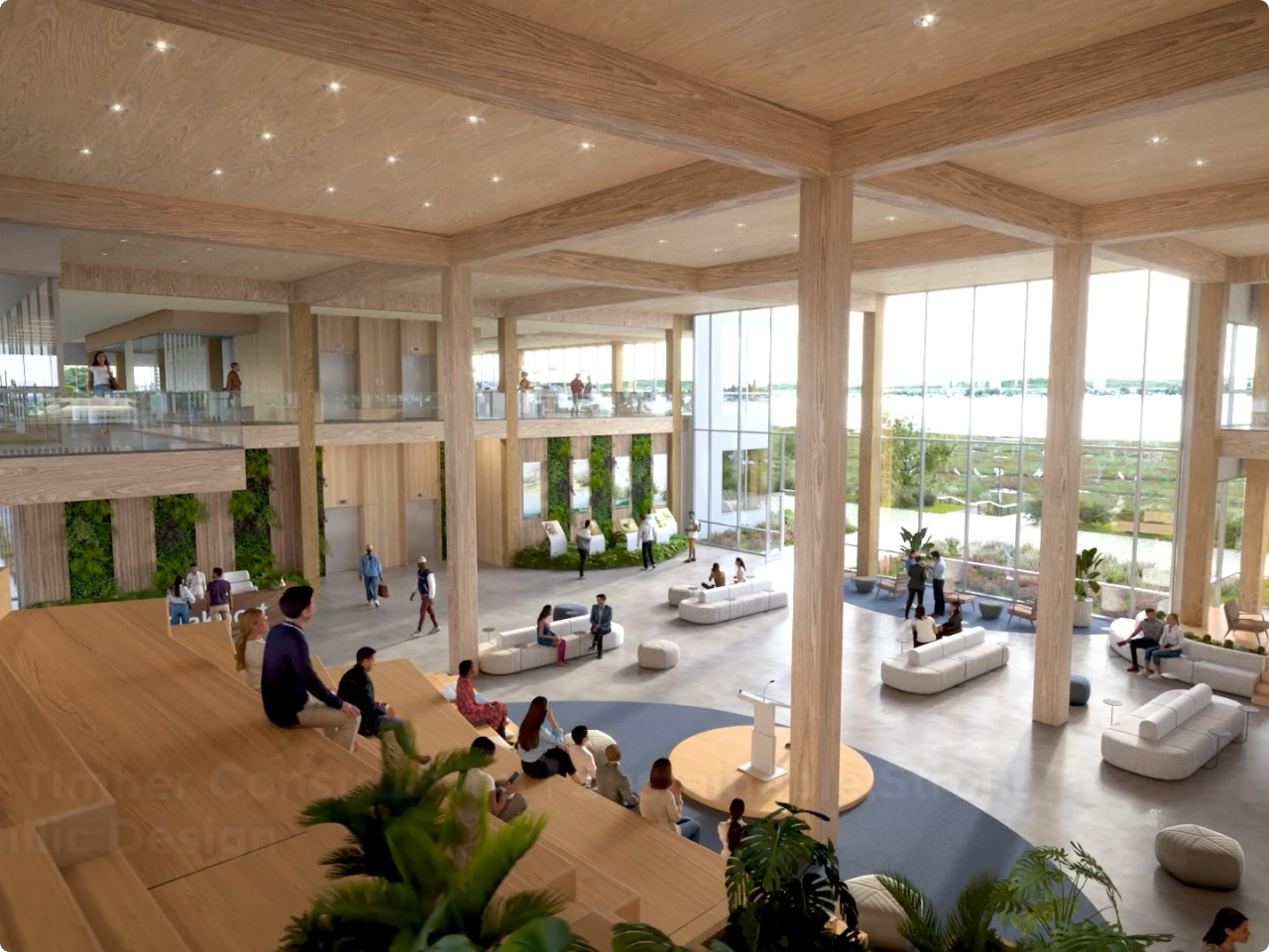Contemporary workplace interior with amphitheater steps lounge seating and natural light